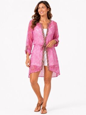 Nick & Mo Pink Floral Sheer Cover Up Tunic Dress Large Fairy